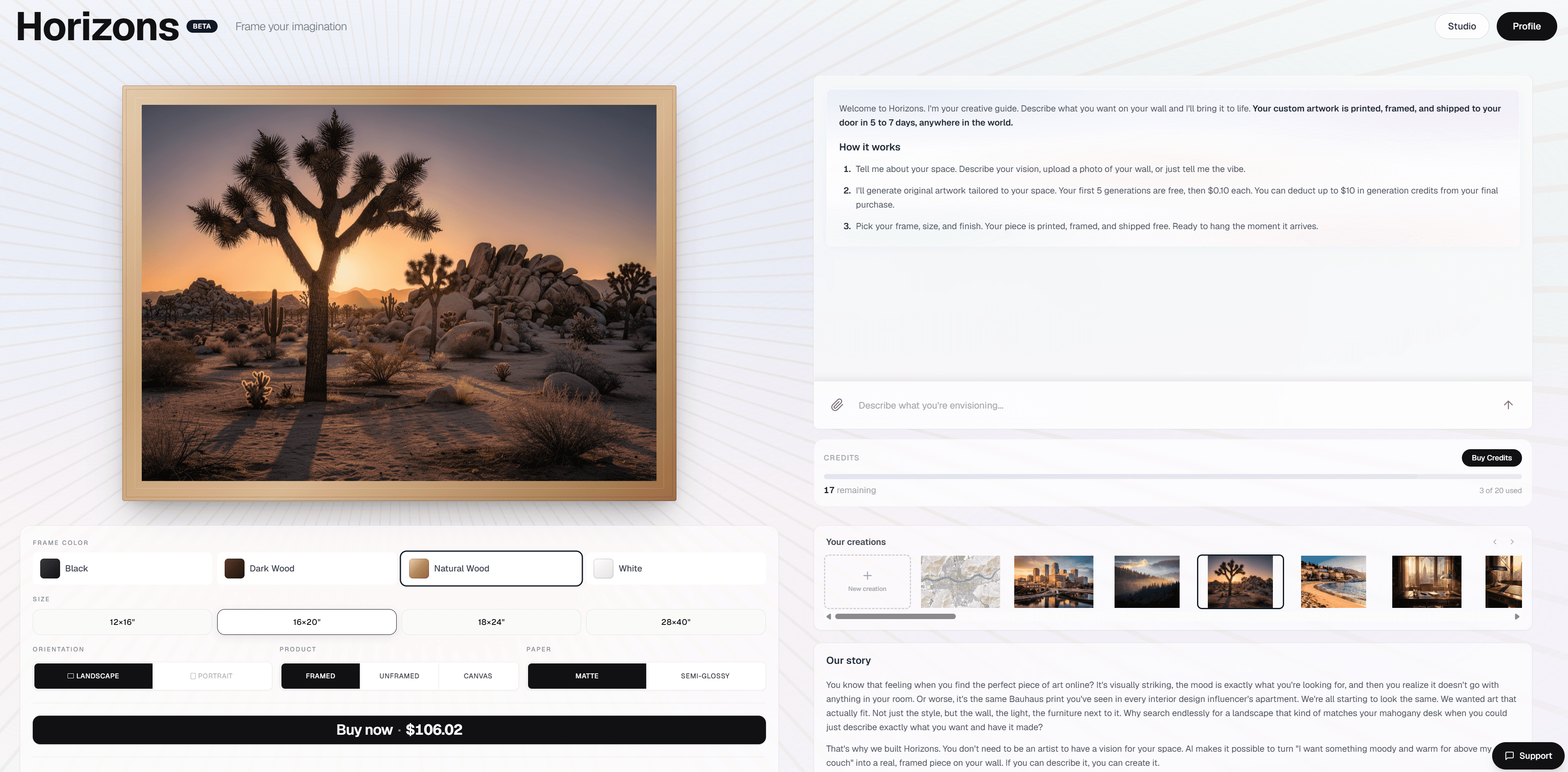 The Horizons Studio interface — describe a piece on the left, choose your size and frame on the right.