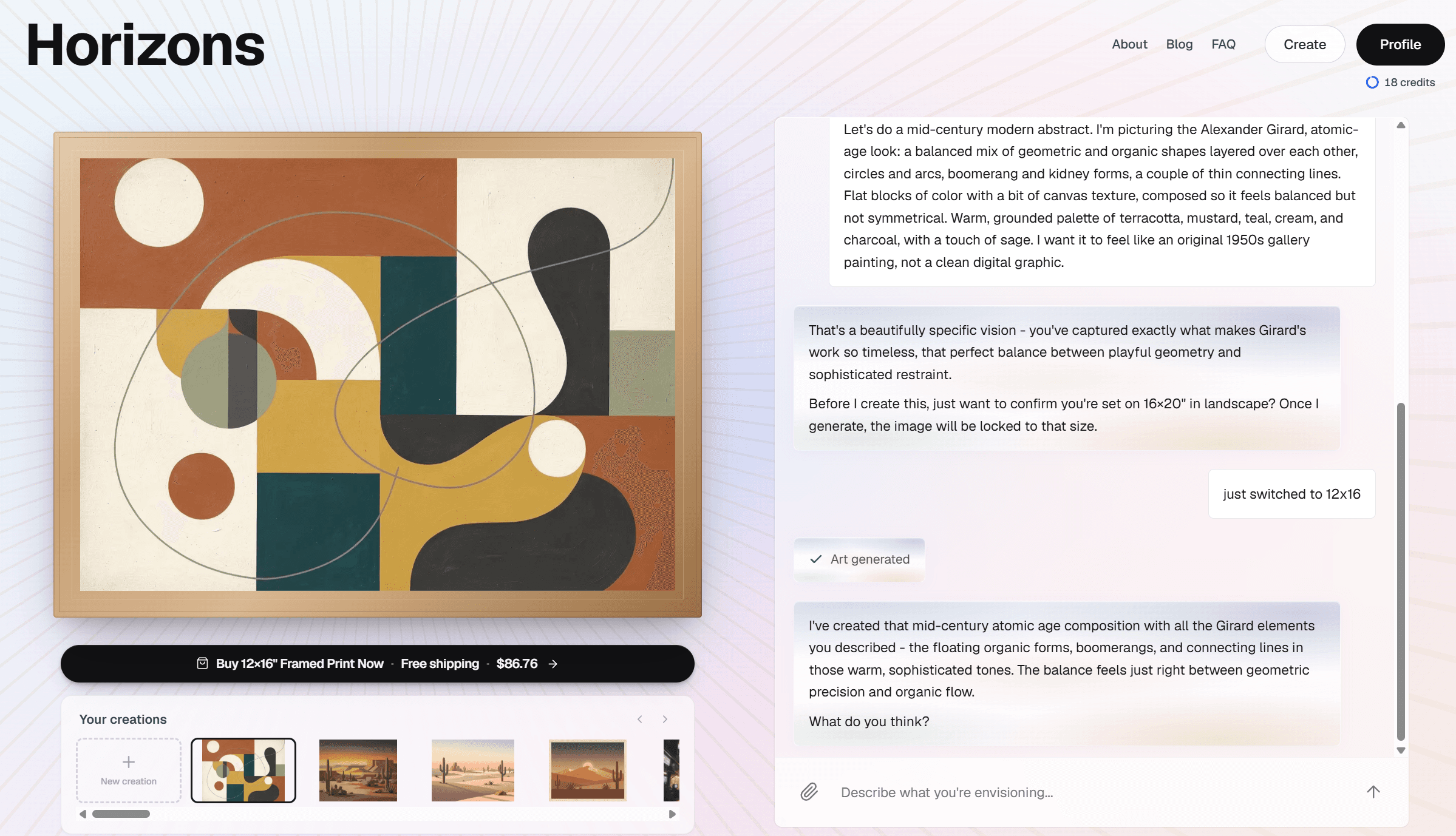 The Horizons Studio interface: describe a piece on the left, choose your size and frame on the right.