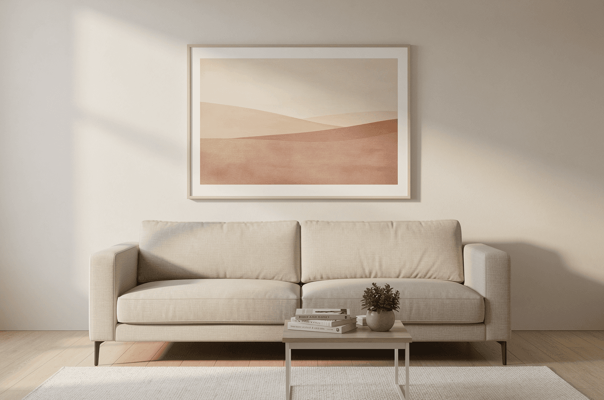 A large framed print sized to roughly two-thirds the width of the sofa beneath it, in a calm, well-proportioned living room.