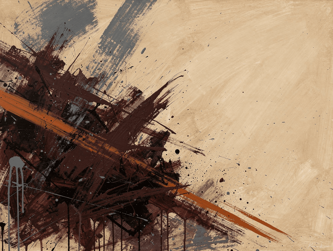 AI-generated abstract expressionist painting: gestural maroon, charcoal, and burnt-orange brushwork on a warm ground.