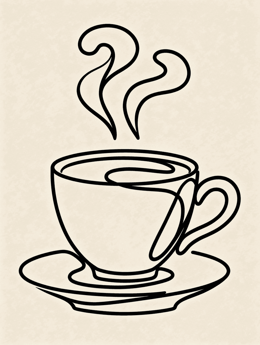 AI-generated minimal single-line drawing of a coffee cup and saucer with two curling wisps of steam.